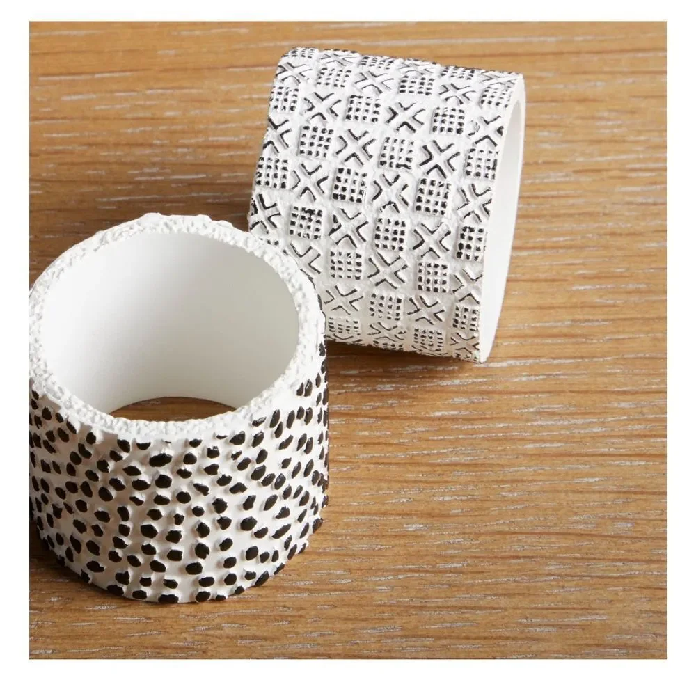 (8) Black White Modern 100% Resin Textured Napkin Ring Holder